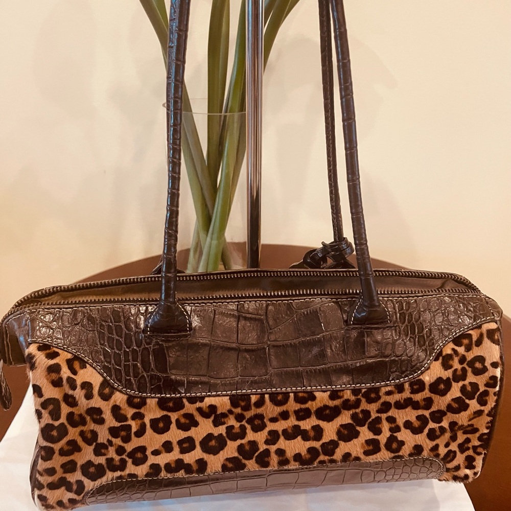 Brahmin Singita Collection Leopard Print and Black Italian Leather Purse